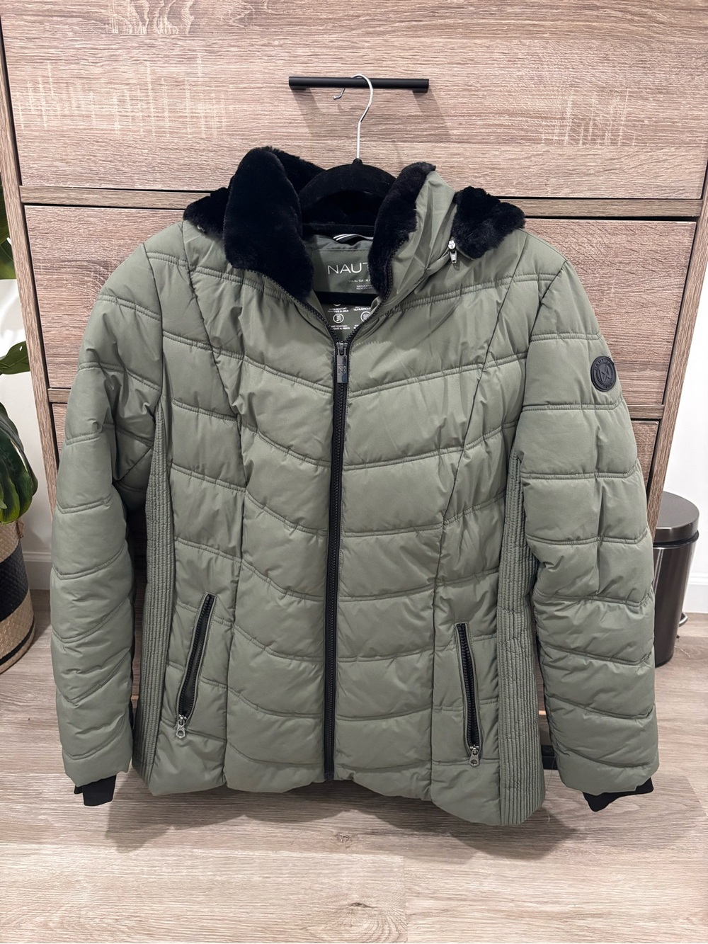 Nautica Olive Quilted Puffer Jacket with Black Faux Fur Trim
